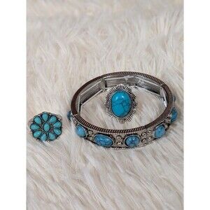 3pc Turquoise Bracelet Ring SET Western Boho Silver Tone Floral Sunburst